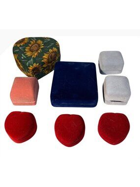 8 Jewelry Box Lot Velvet & Fabric Heart Square Rectangle Red Blue Gray Pink
